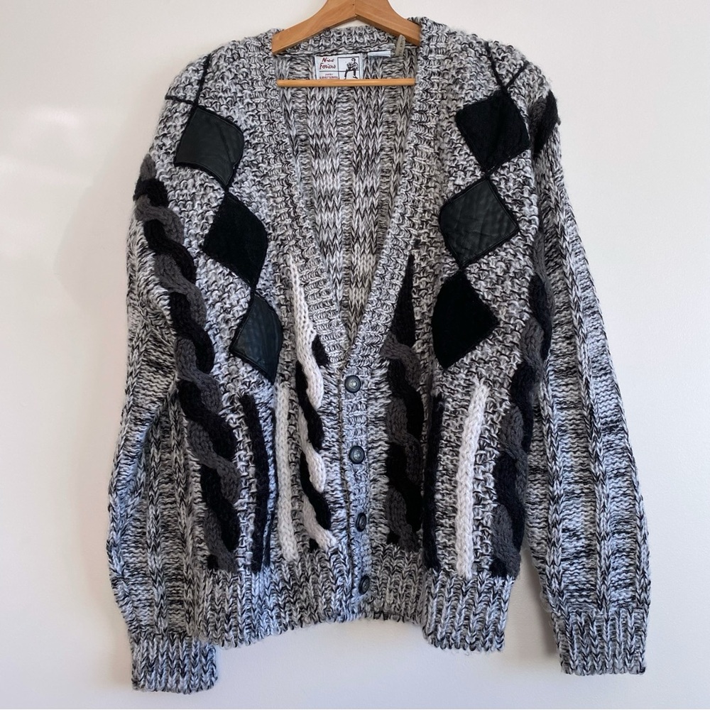 Vintage Chunky Knit Cable 3D Cardigan with Leather Patches